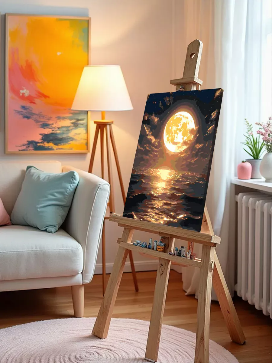 Картина по номерам «Природа: Яркая луна над морем» — картинка 9