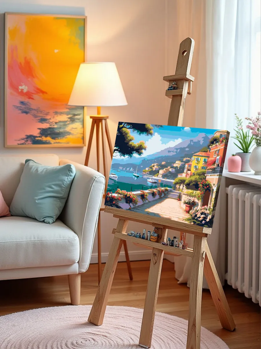 Картина по номерам «Природа: Пейзаж с набережной в городе возле моря» — картинка 10