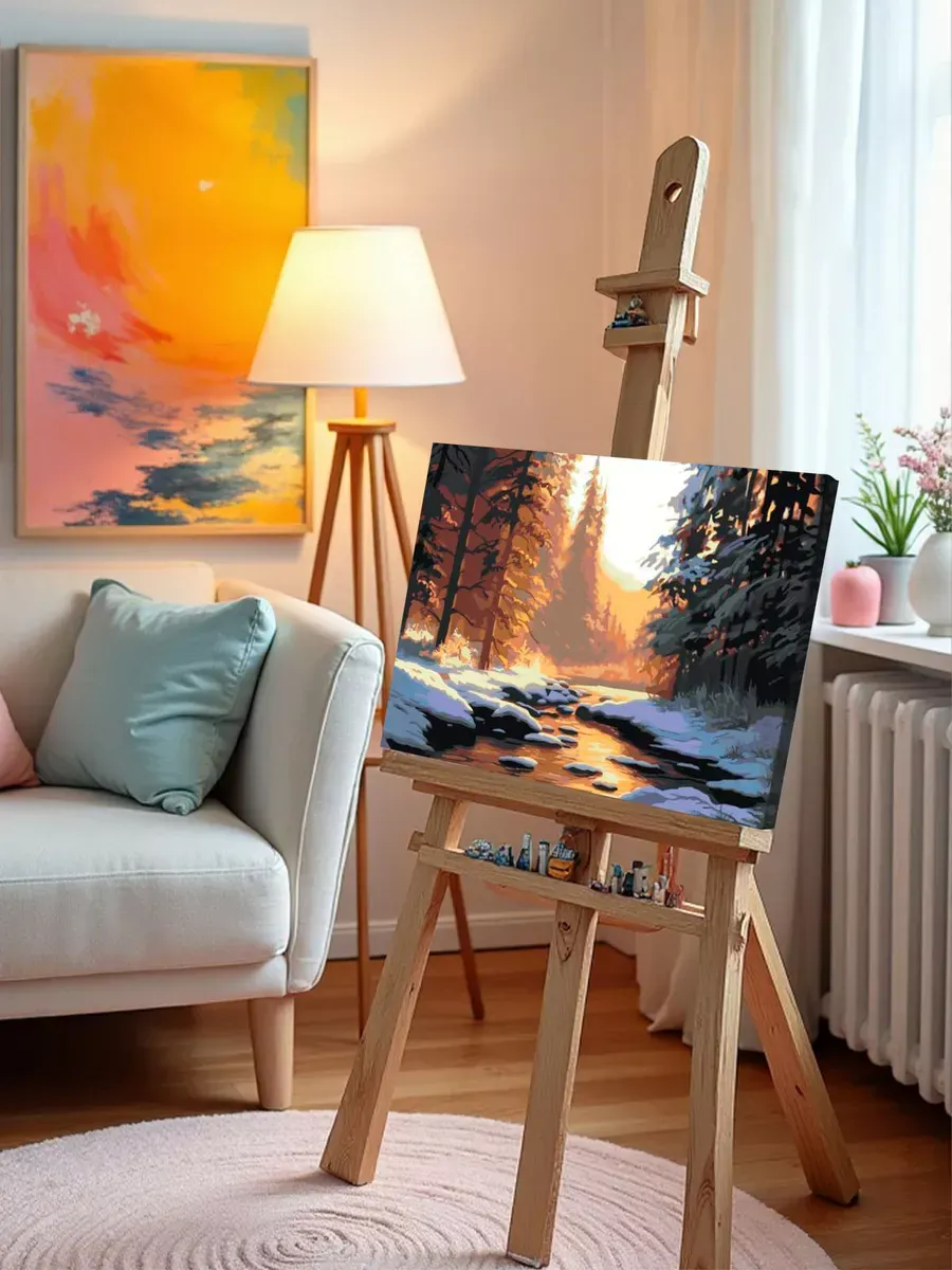 Картина по номерам «Природа: Пейзаж с ручьем в зимнем лесу» — картинка 10