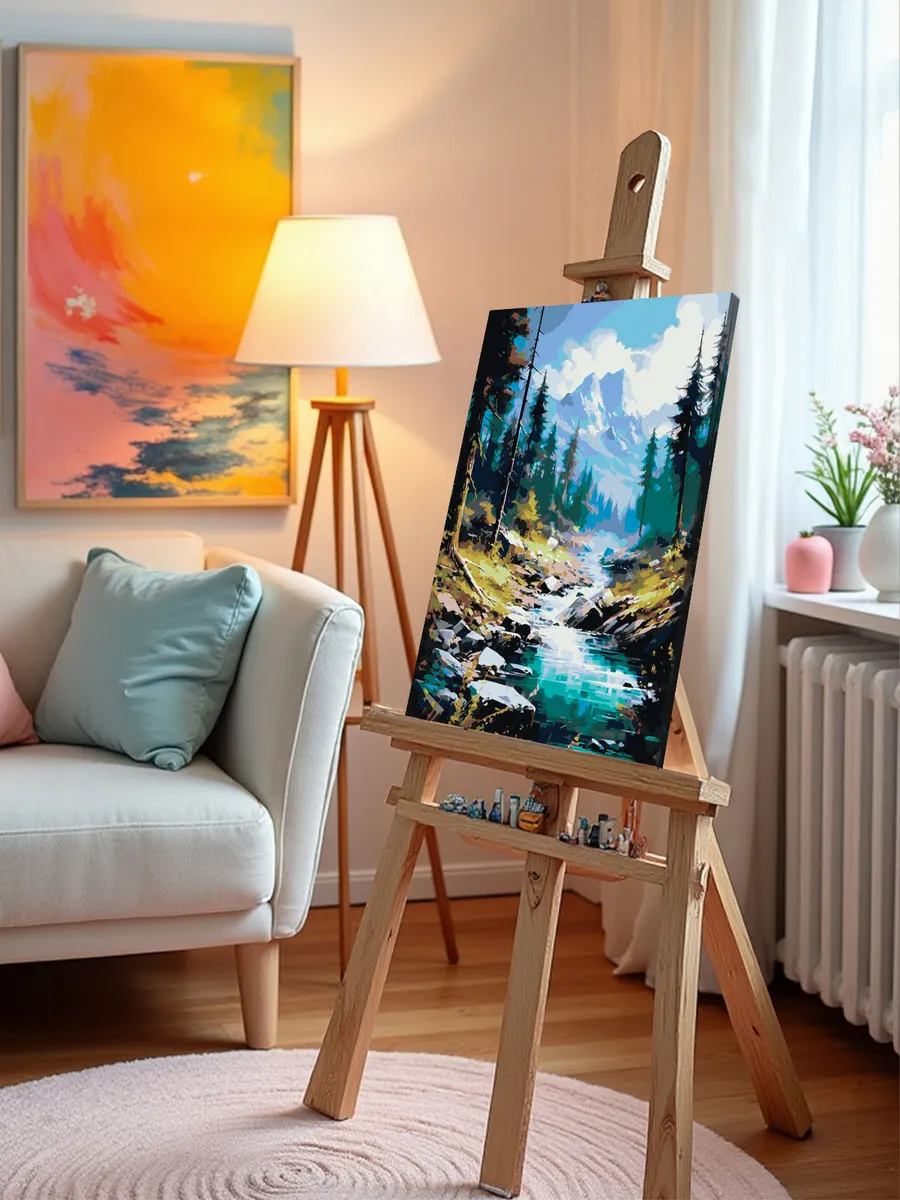 Картина по номерам «Природа: Пейзаж с лесным ручьем и видом на горы» — картинка 9