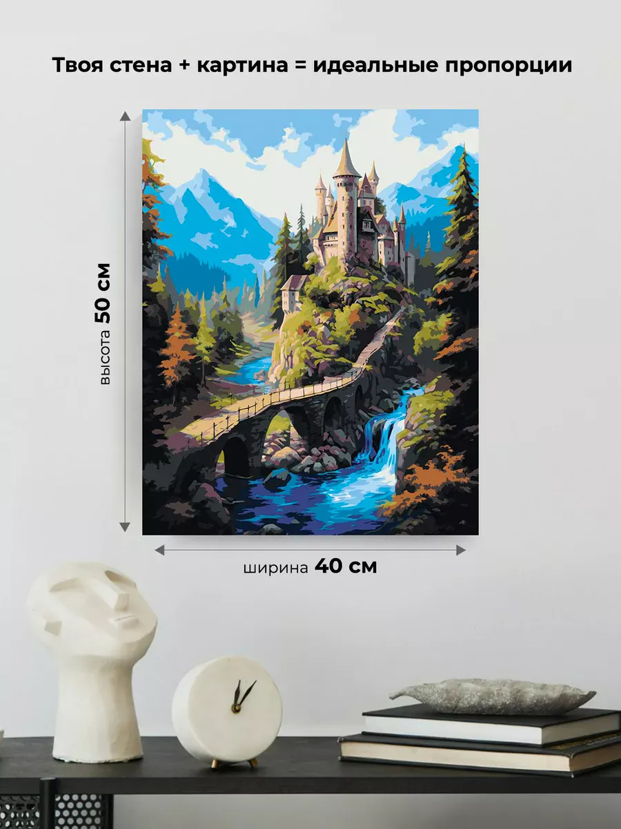 Картина по номерам «Природа: Пейзаж с водопадом, замком и видом на горы» — картинка 3