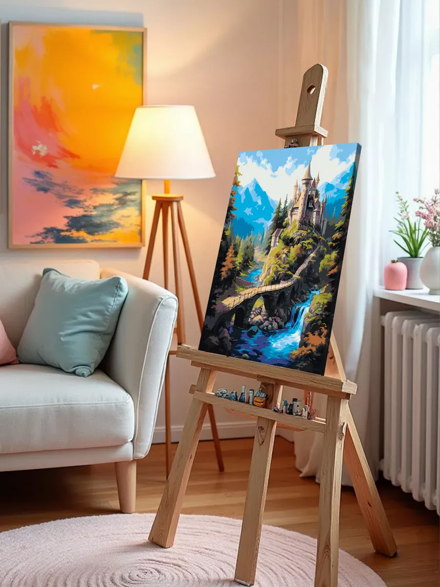 Картина по номерам «Природа: Пейзаж с водопадом, замком и видом на горы» — картинка 9