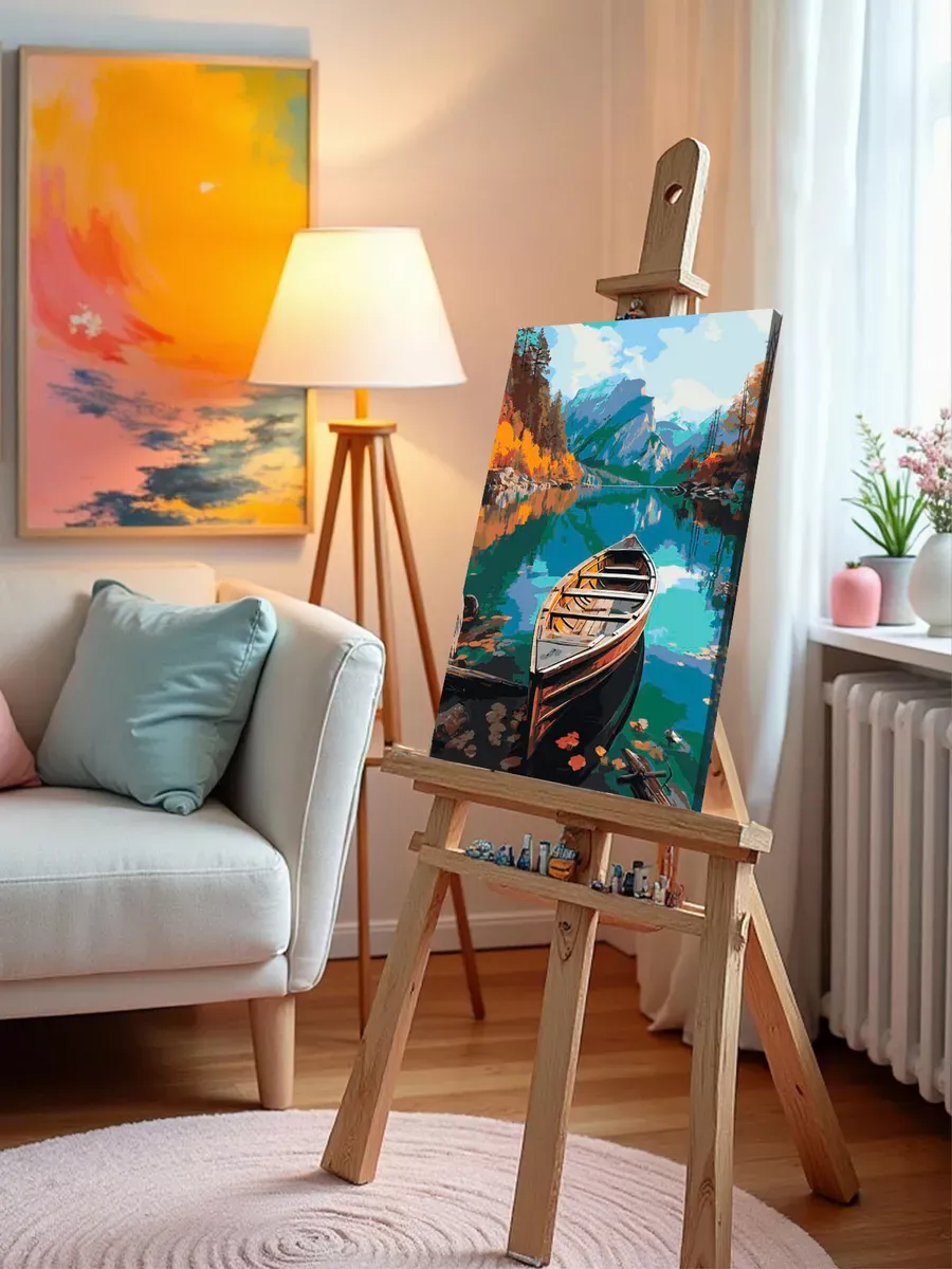 Картина по номерам «Природа: Пейзаж с лодкой на горном осеннем озере» — картинка 9