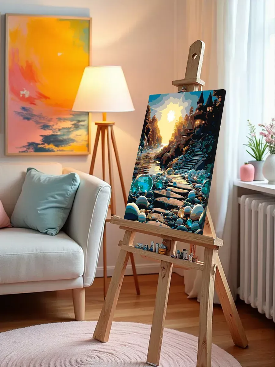 Картина по номерам «Природа: Волшебный пейзаж со сказочным домом и рекой» — картинка 9