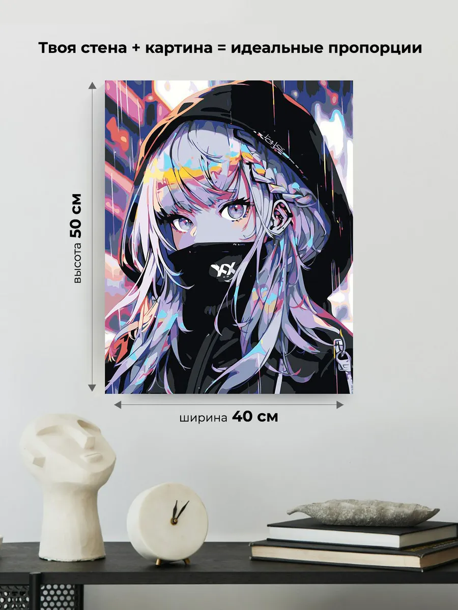 Картина по номерам «Аниме: Девушка в капюшоне в стиле киберпанк» — картинка 3