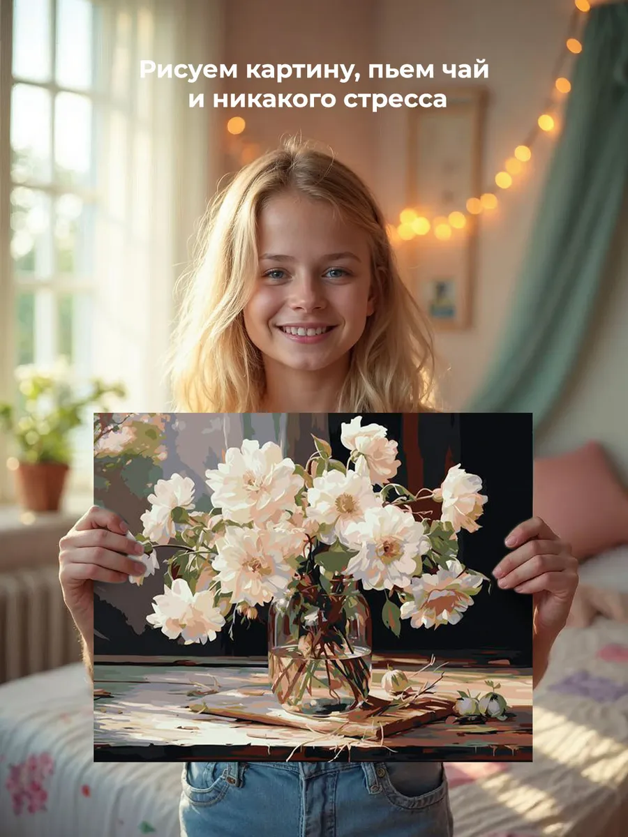 Картина по номерам «Цветы: Букет из белых георгин» — картинка 7