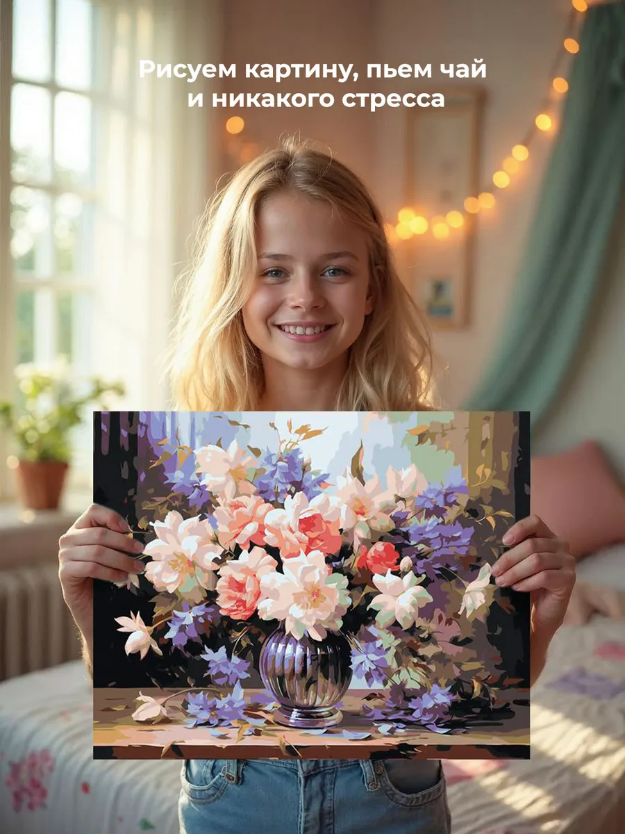 Картина по номерам «Цветы: Пышный букет с розами и васильками» — картинка 7