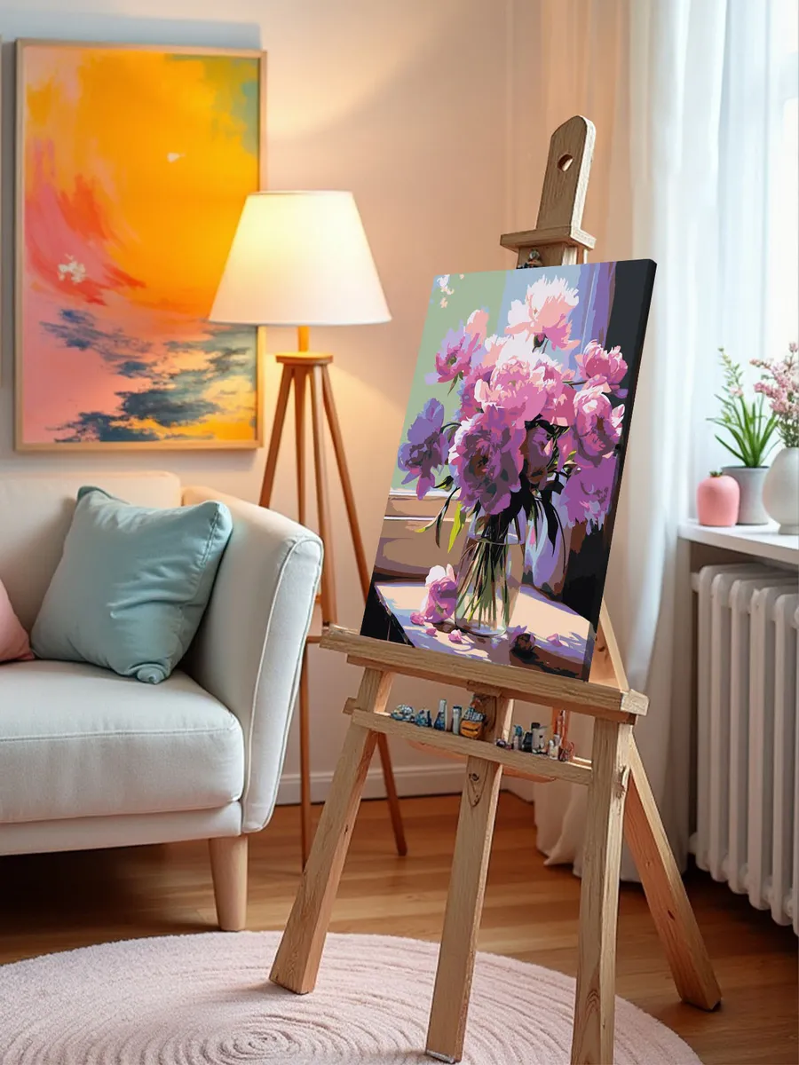 Картина по номерам «Цветы: Лиловые пионы на окне» — картинка 10