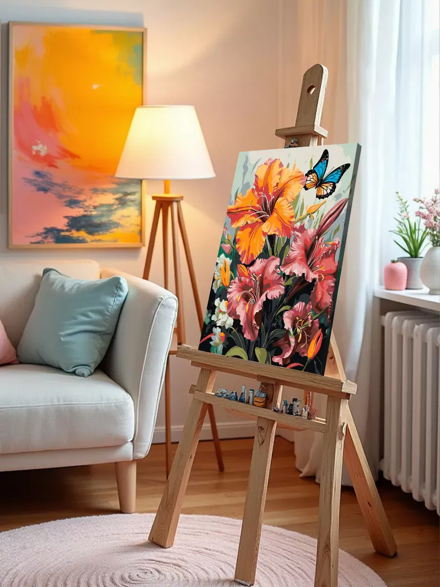 Картина по номерам «Цветы: Лилейники и яркая бабочка» — картинка 10