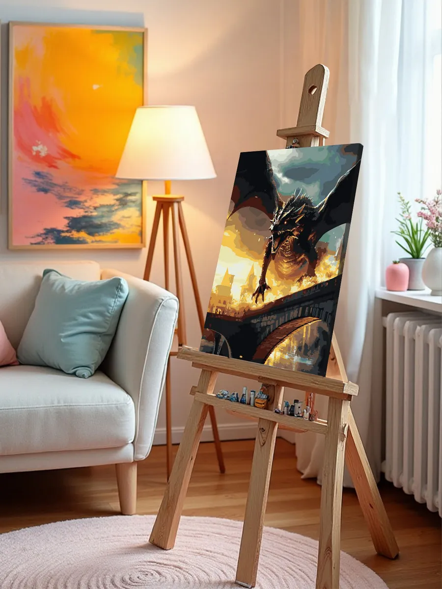 Картина по номерам «Черный огнедышащий дракон над мостом» — картинка 10