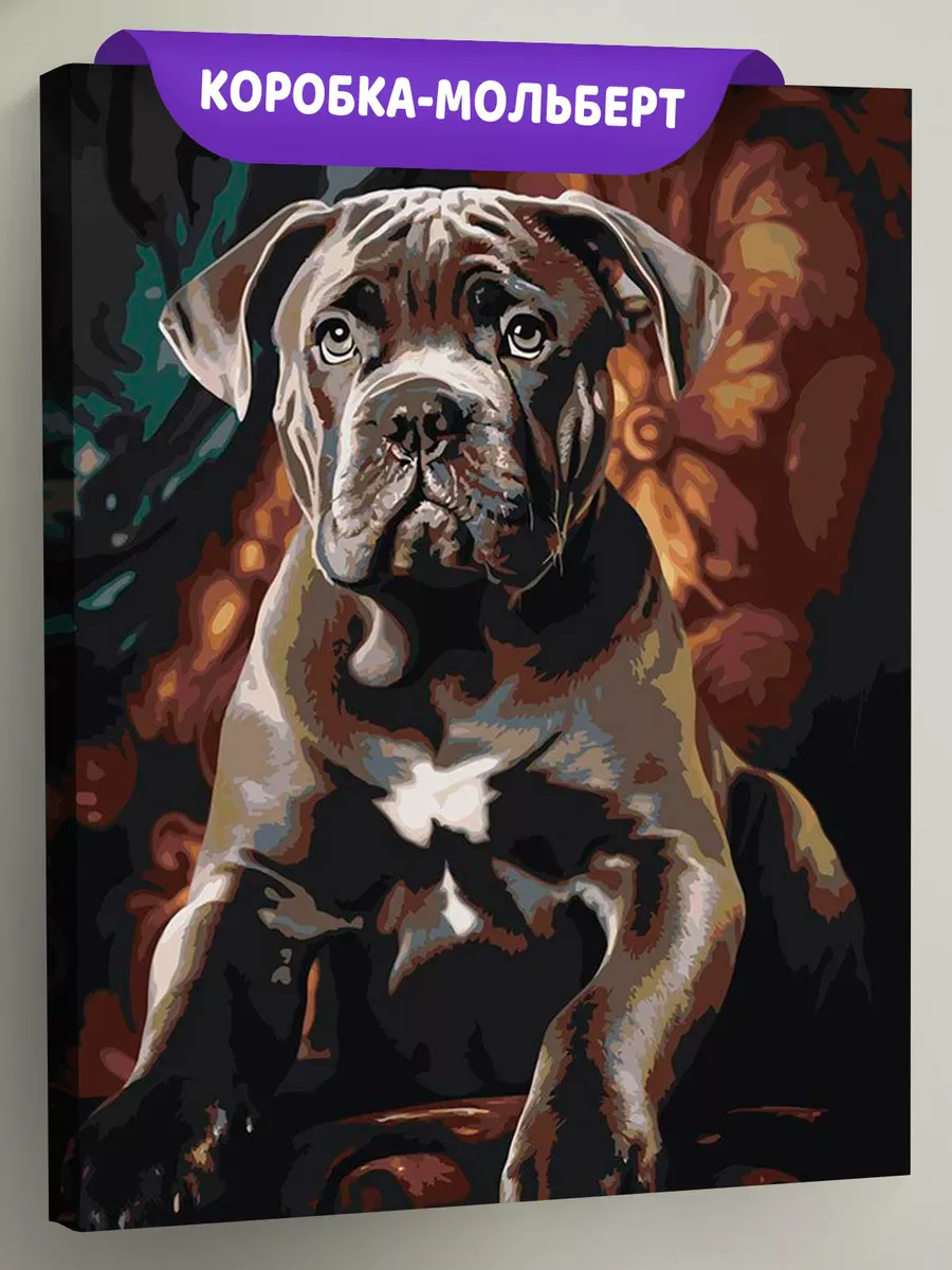 Картина по номерам «Собака Кане корсо щенок в кресле»