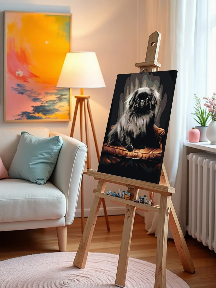 Картина по номерам «Собака черный Пекинес на кресле» — картинка 10