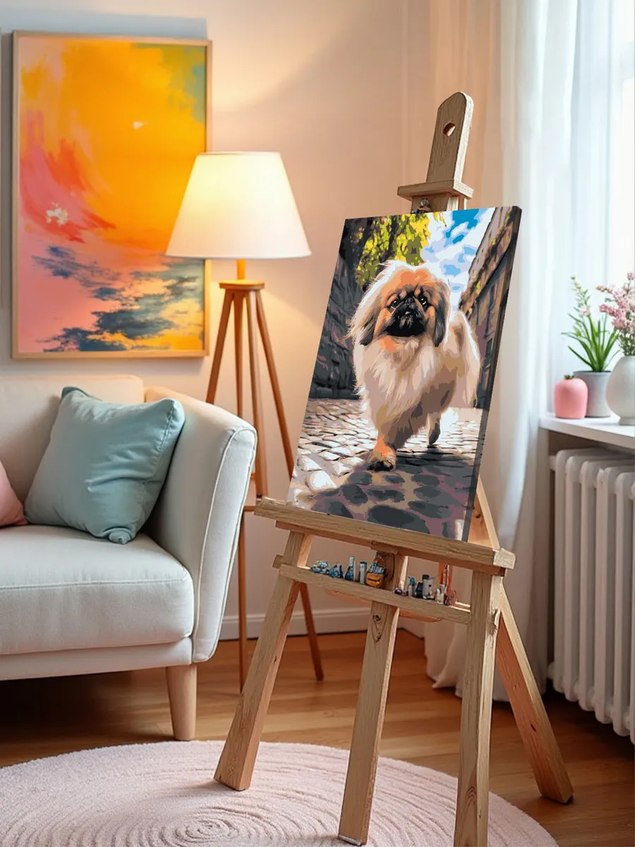 Картина по номерам «Собака Пекинес гуляет по городу 2» — картинка 10