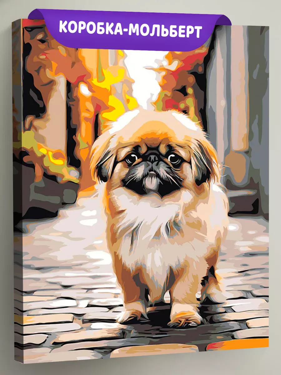 Картина по номерам «Собака Пекинес гуляет по городу 3»