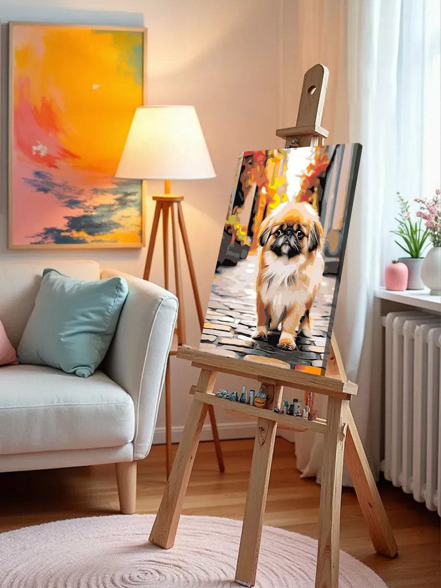 Картина по номерам «Собака Пекинес гуляет по городу 3» — картинка 9