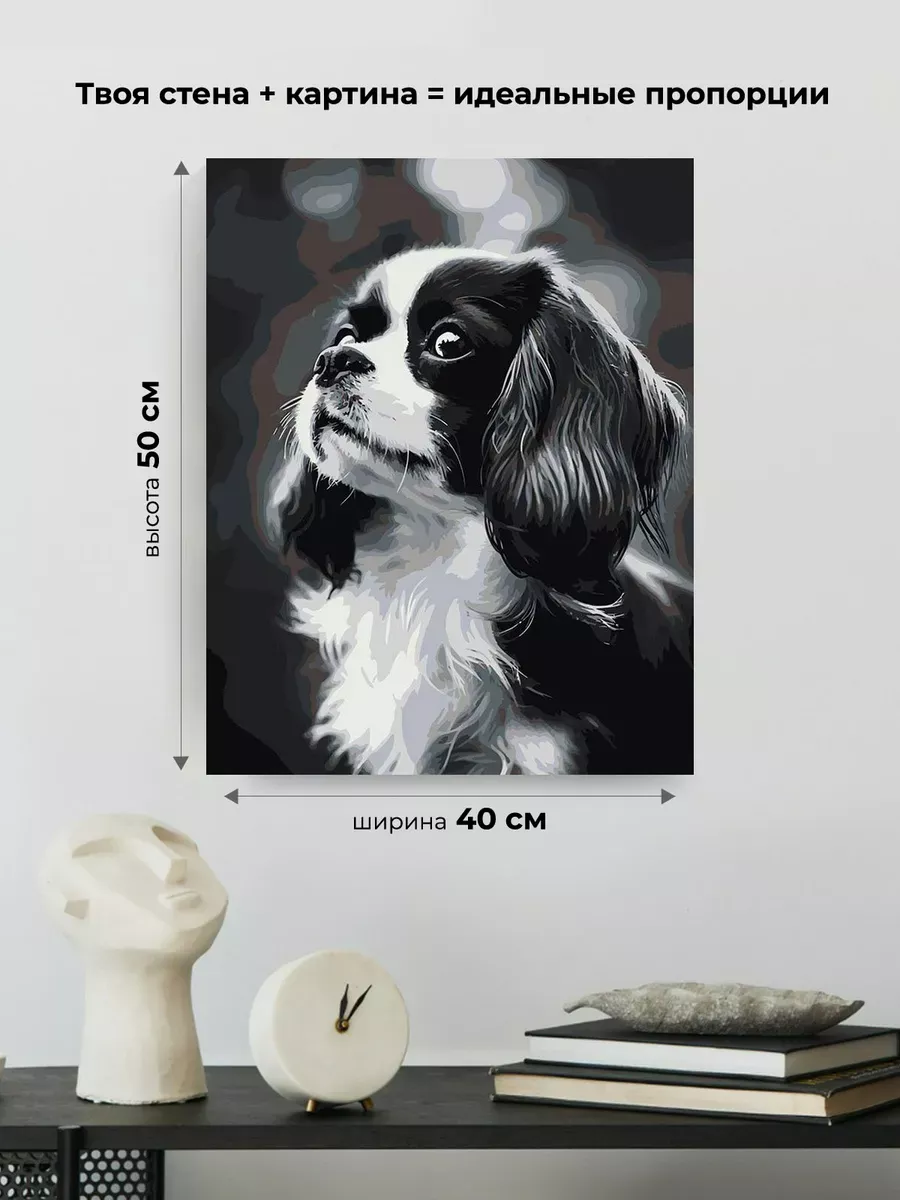 Картина по номерам «Собака Спаниель черная с белым щенок» — картинка 3