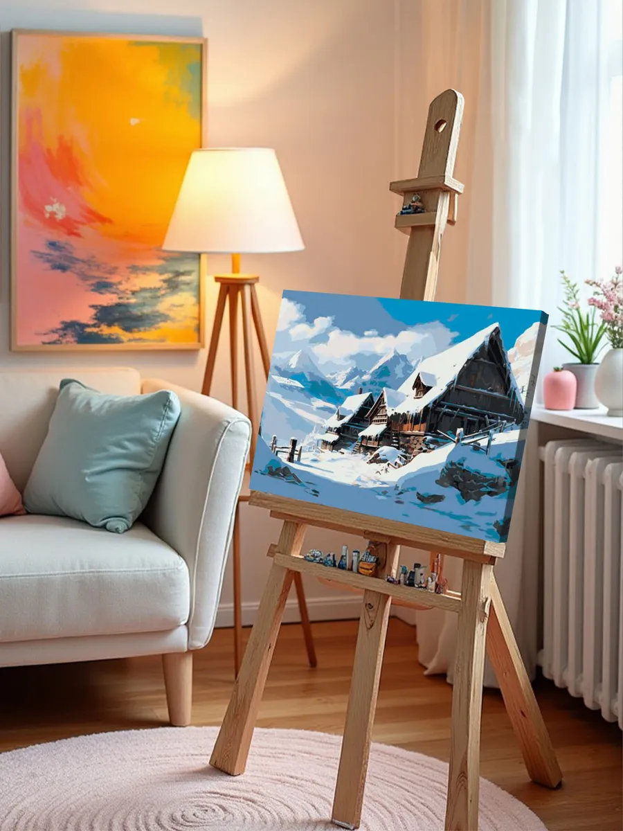 Картина по номерам «Зима: Пейзаж с домиком под снегом в горах» — картинка 10