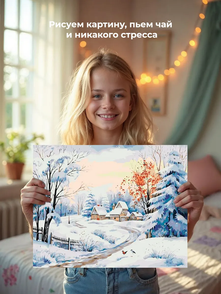 Картина по номерам «Зима: Снежное утро в деревне» — картинка 7