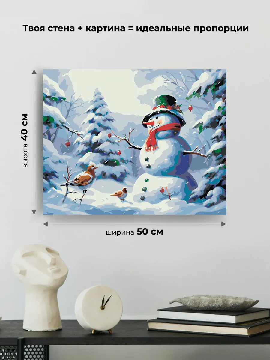 Картина по номерам «Рождество: Снеговик и птицы в зимнем лесу» — картинка 3
