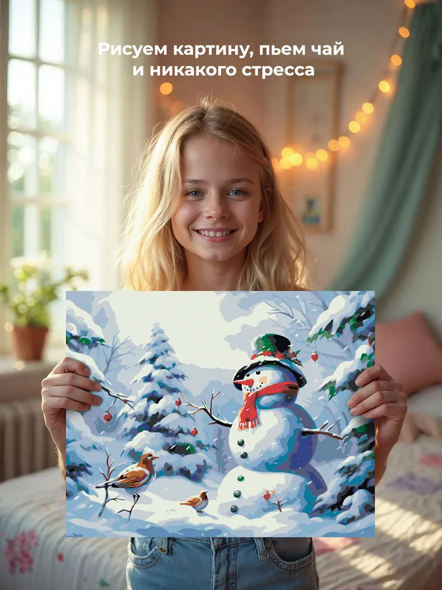 Картина по номерам «Рождество: Снеговик и птицы в зимнем лесу» — картинка 7