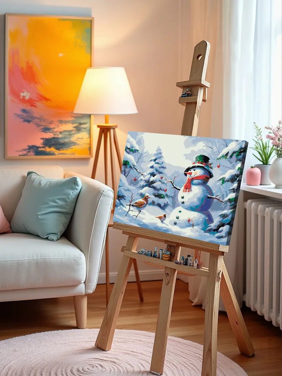 Картина по номерам «Рождество: Снеговик и птицы в зимнем лесу» — картинка 10