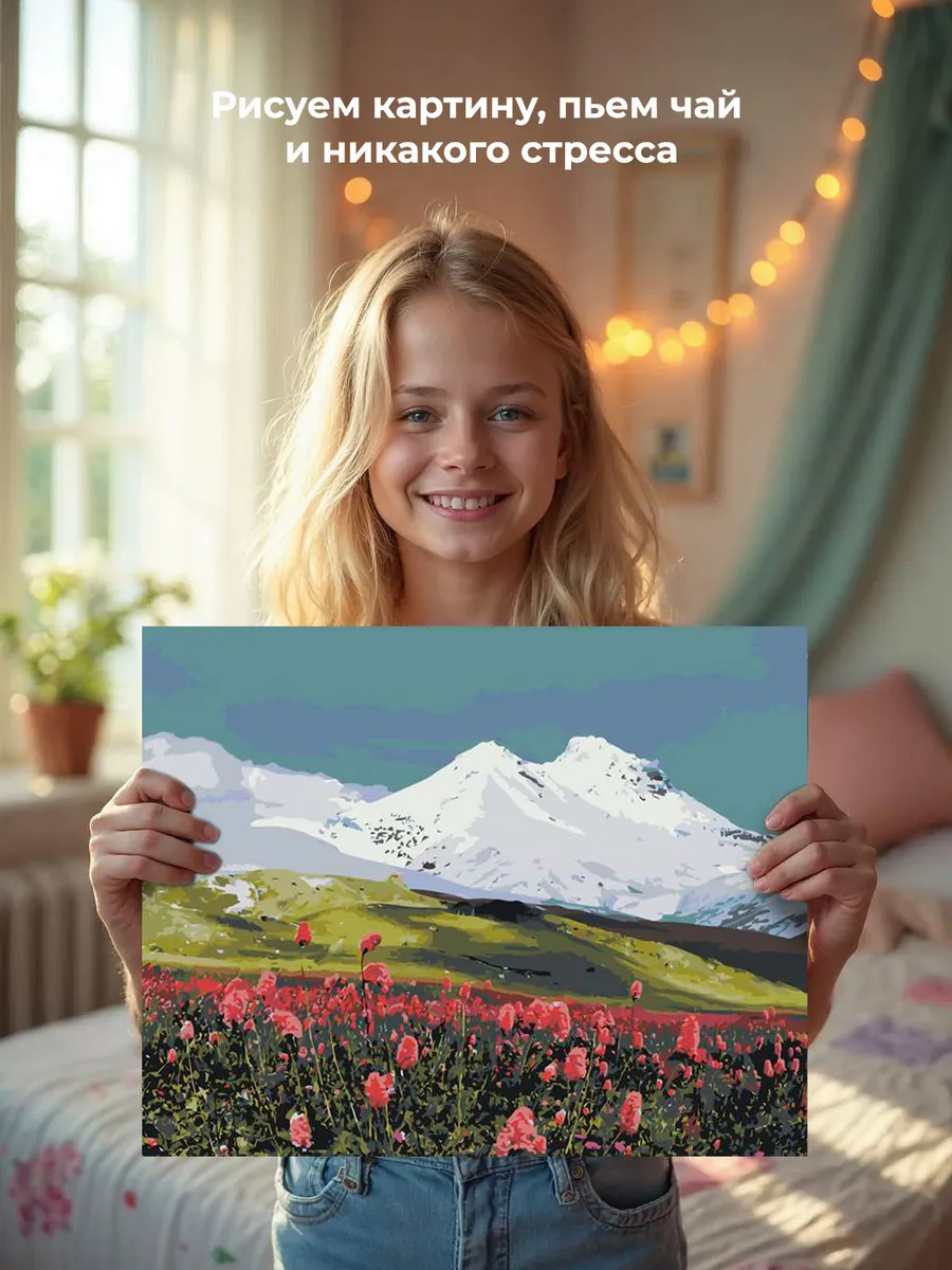 Картина по номерам «Пейзаж гора Эльбрус в снегу и цветы 2» — картинка 7