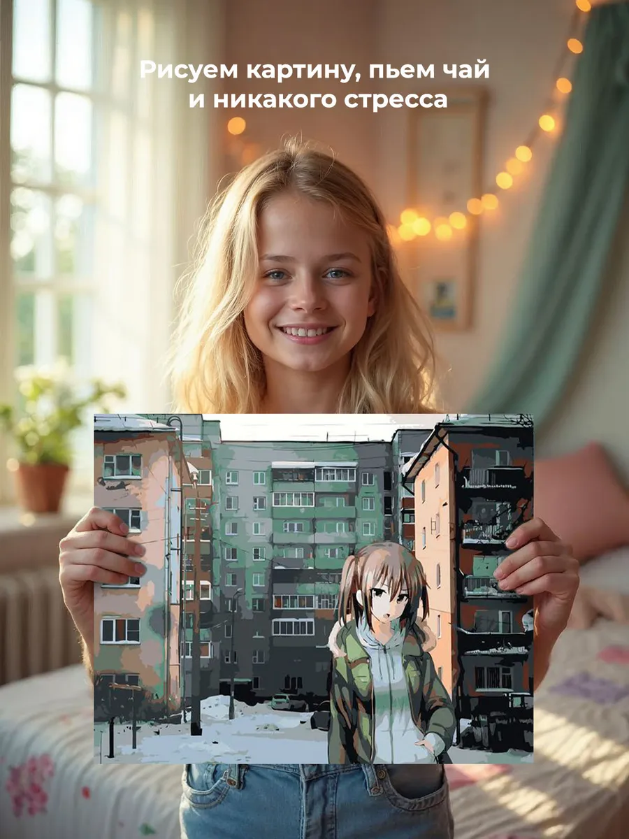 Картина по номерам «Панельки родные и аниме девушка 40х50» — картинка 7