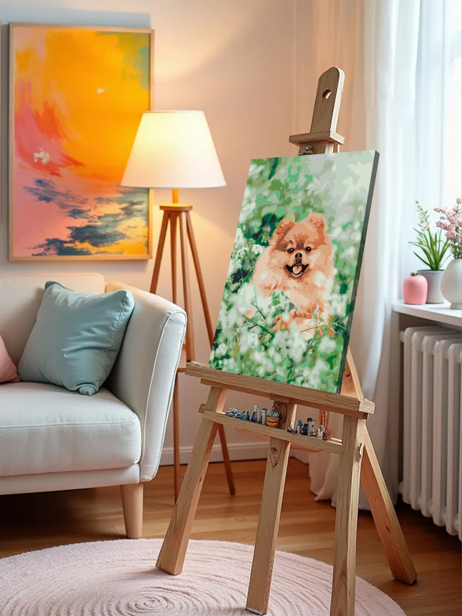 Картина по номерам «Собаки: Шпиц в зелени и цветах 40х50» — картинка 10