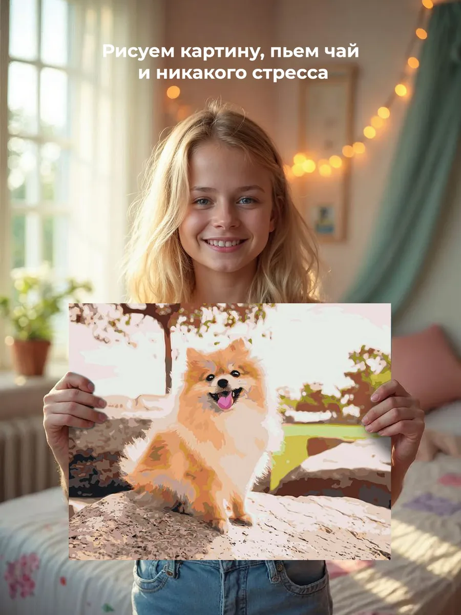 Картина по номерам «Собаки: Шпиц позирует на камне 40х50» — картинка 7
