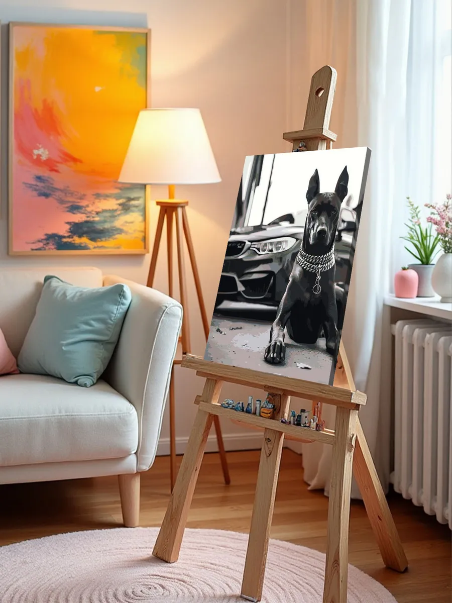 Картина по номерам «Машина BMW и собака доберман чернобелая» — картинка 10