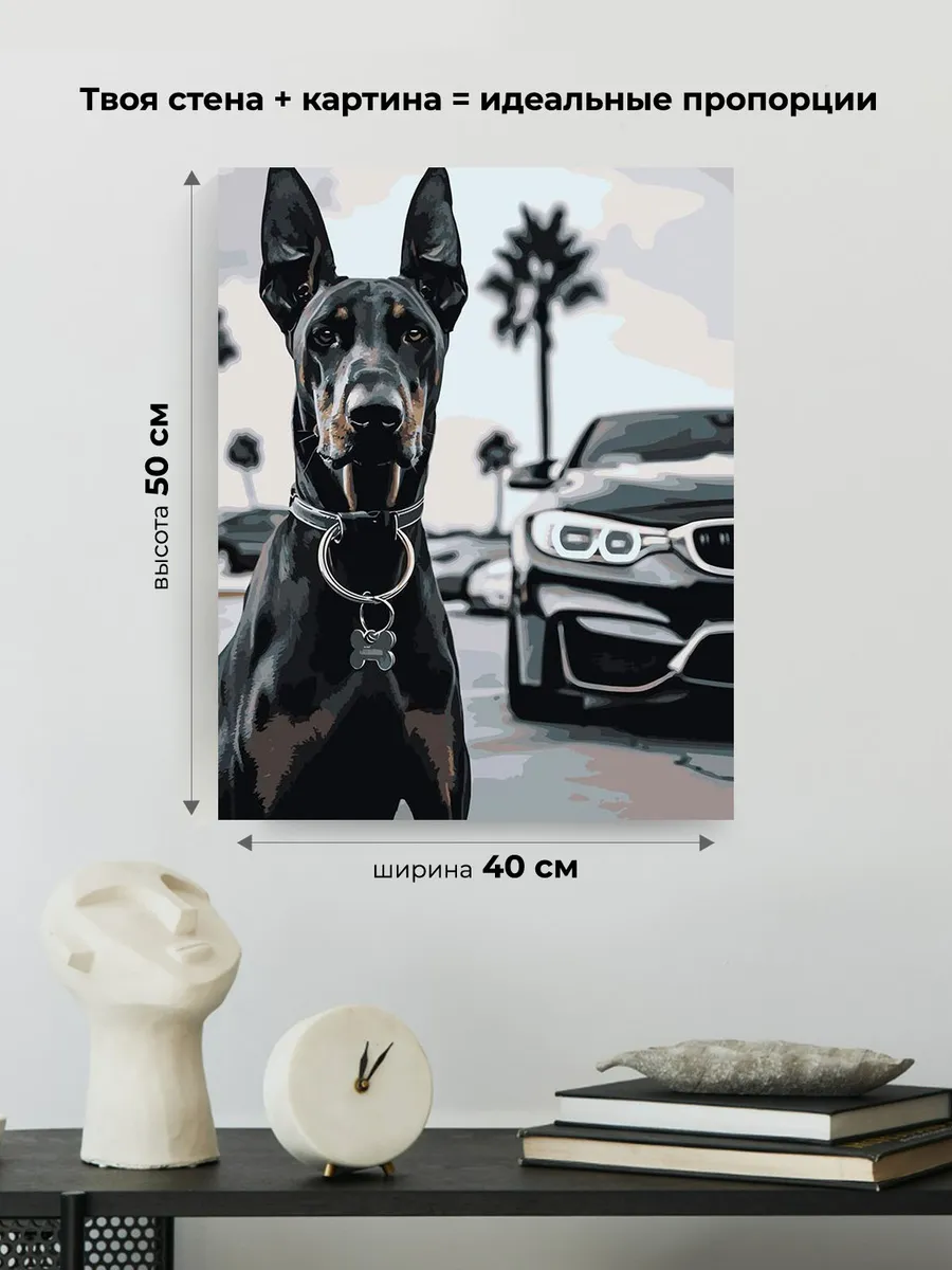 Картина по номерам «Машина BMW и собака доберман монохром» — картинка 3