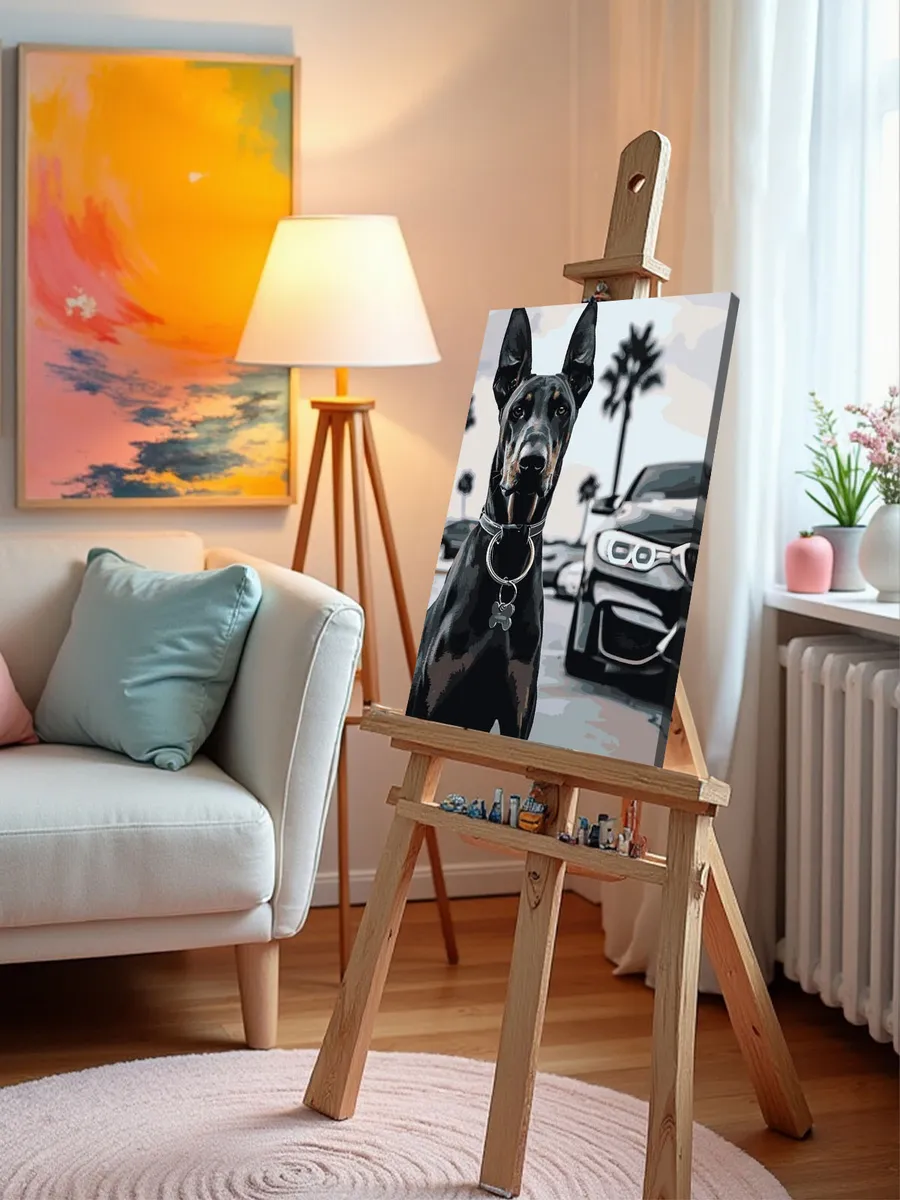 Картина по номерам «Машина BMW и собака доберман монохром» — картинка 10