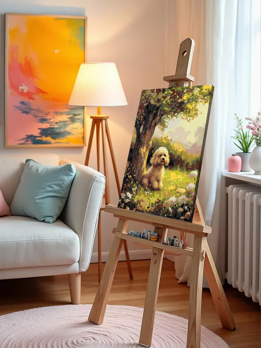 Картина по номерам «Собака пудель под деревом, цветы 40х50» — картинка 9