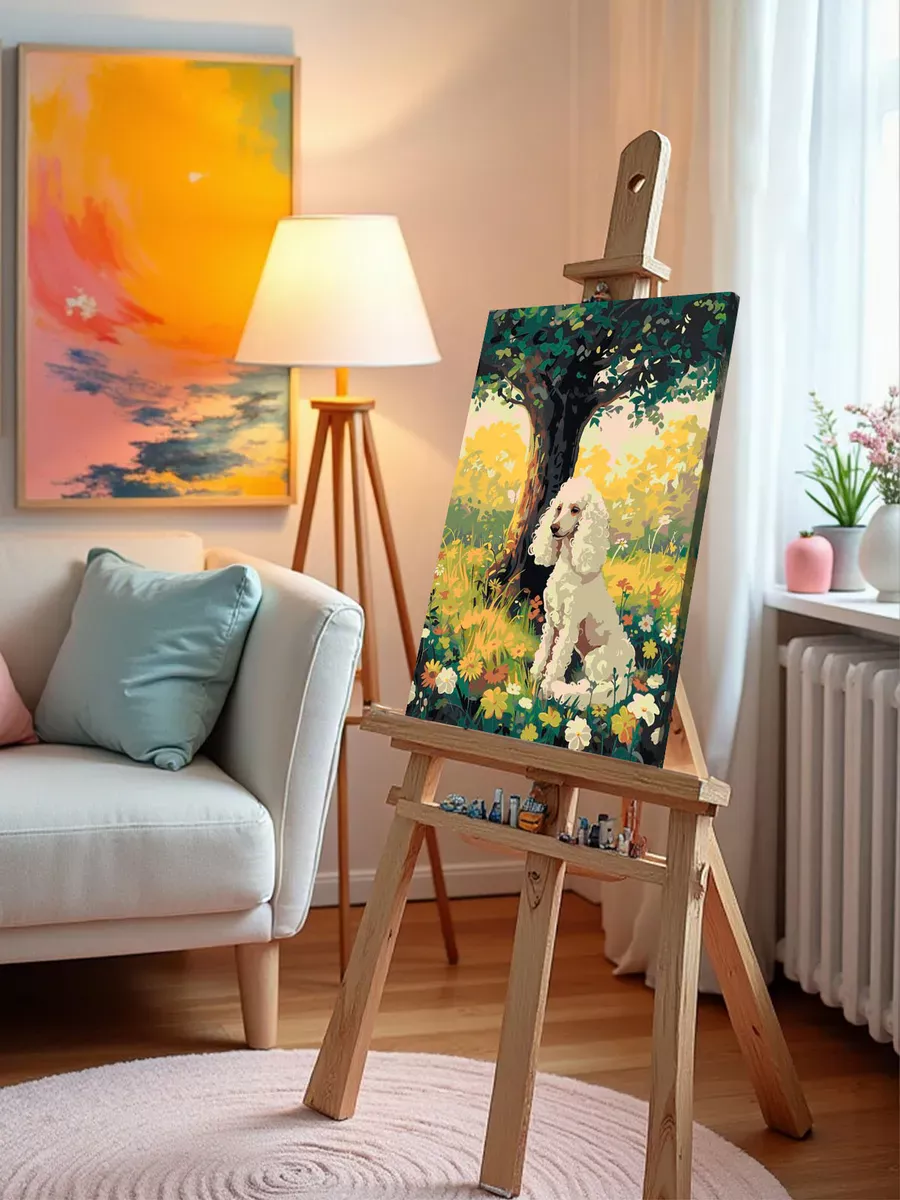 Картина по номерам «Собака пудель под деревом, цветы 40х50» — картинка 9