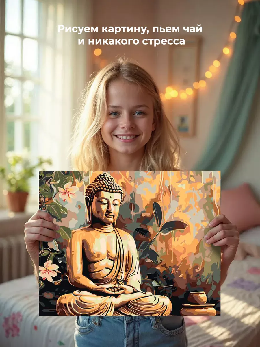 Картина по номерам «Религия буддизм: Будда статуя и цветы» — картинка 6