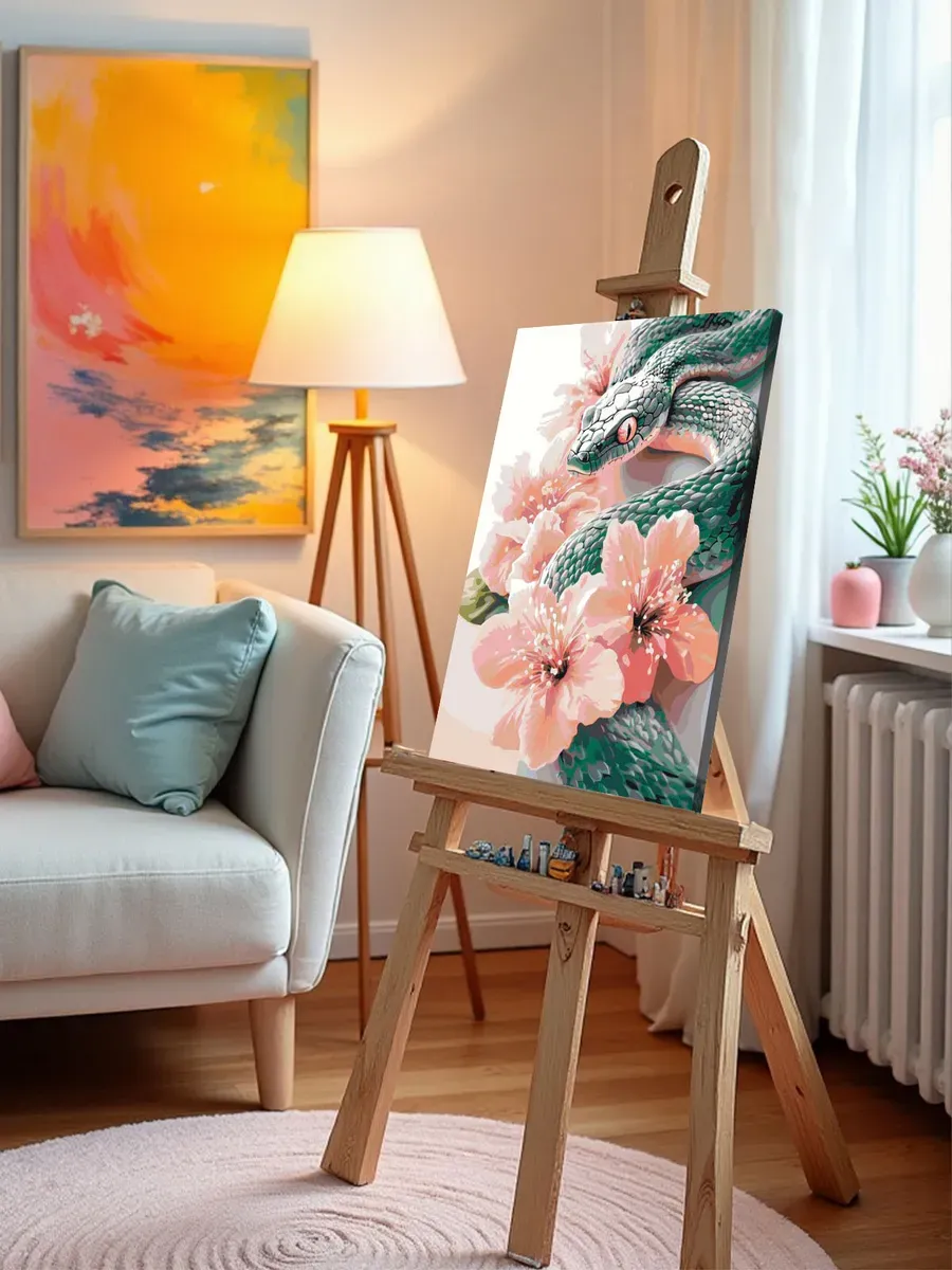 Картина по номерам «Зеленая змея в цветах, животные 40x50» — картинка 10