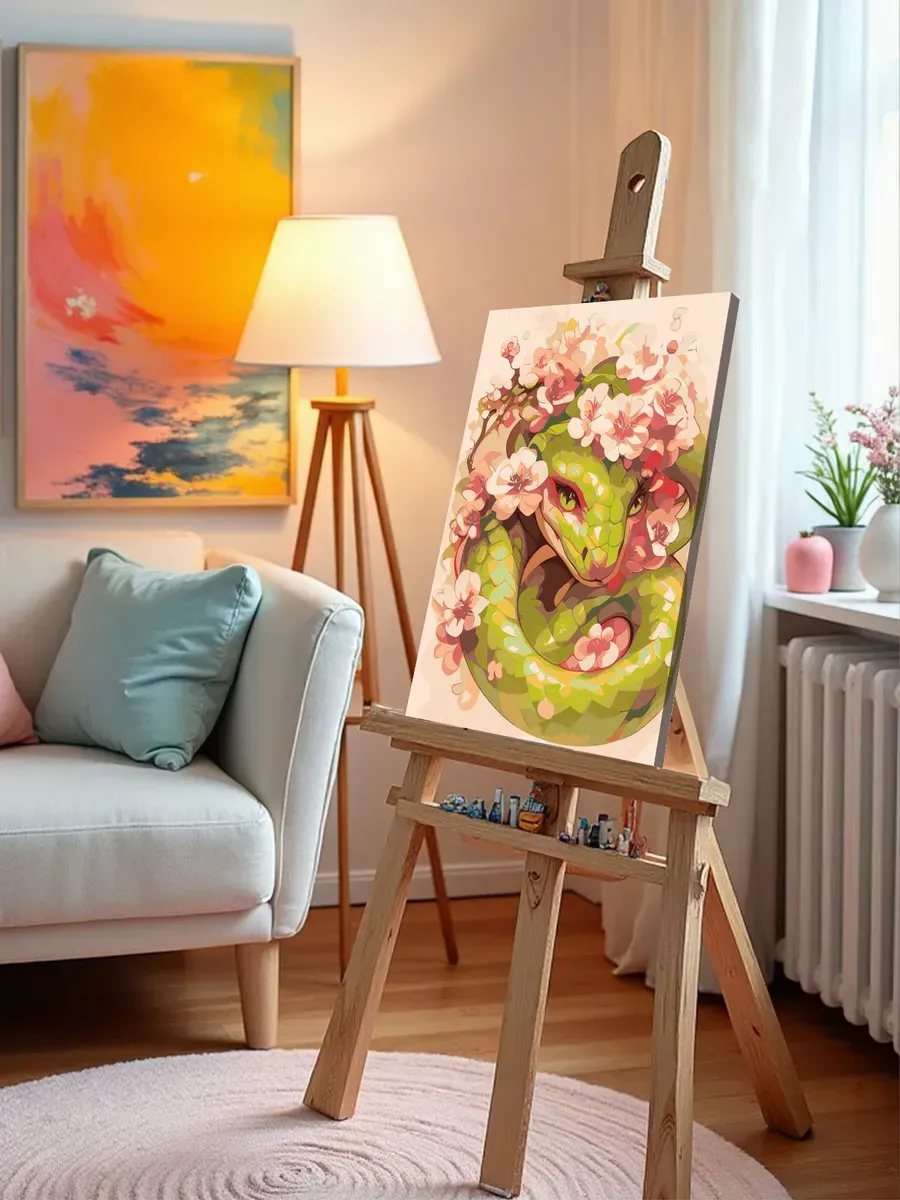 Картина по номерам «Зеленая змея и сакура, животные 40x50» — картинка 10
