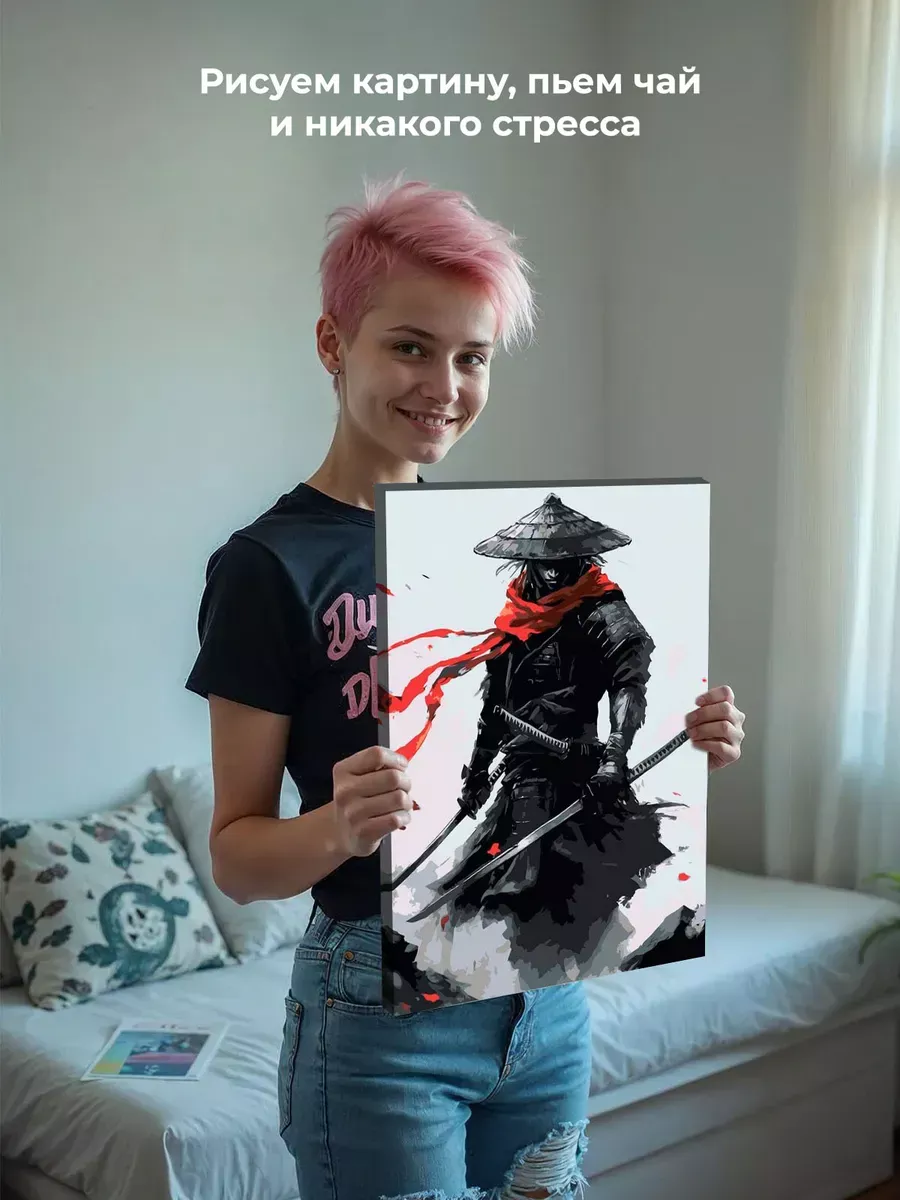 Картина по номерам «Япония, Азия: воин самурай монохром, чб» — картинка 7