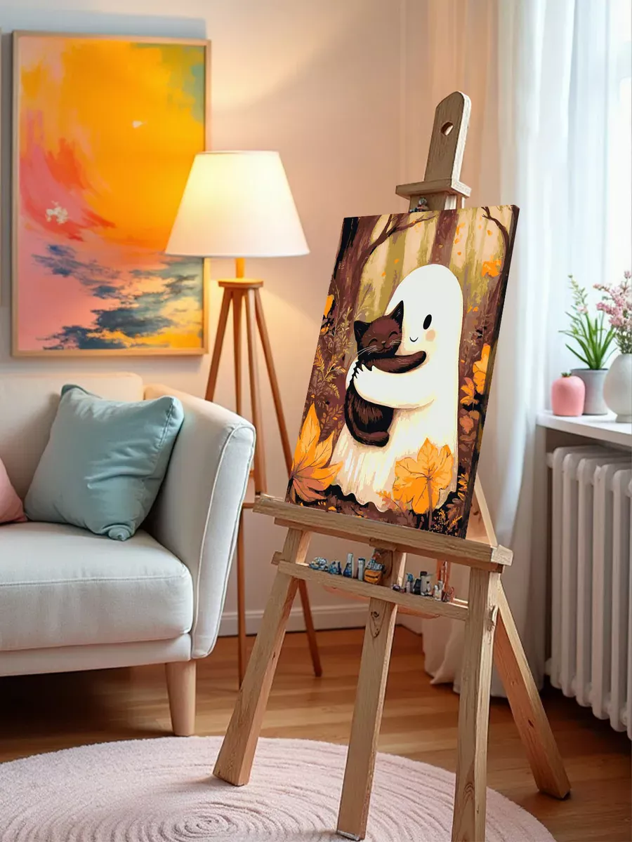 Картина по номерам «Ужасы: милое привидение с котенком, осень» — картинка 10