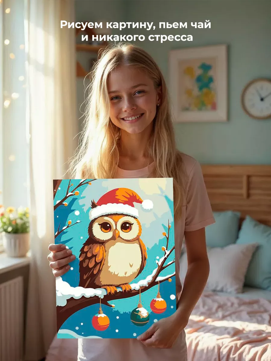 Картина по номерам «Детская: сова на ветке, новогодняя» — картинка 7