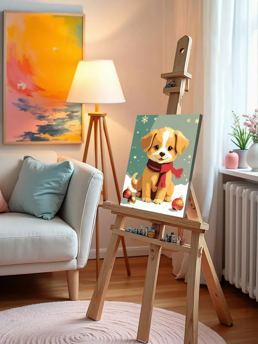 Картина по номерам «Детская: собака щенок, новогодняя 30x40» — картинка 9