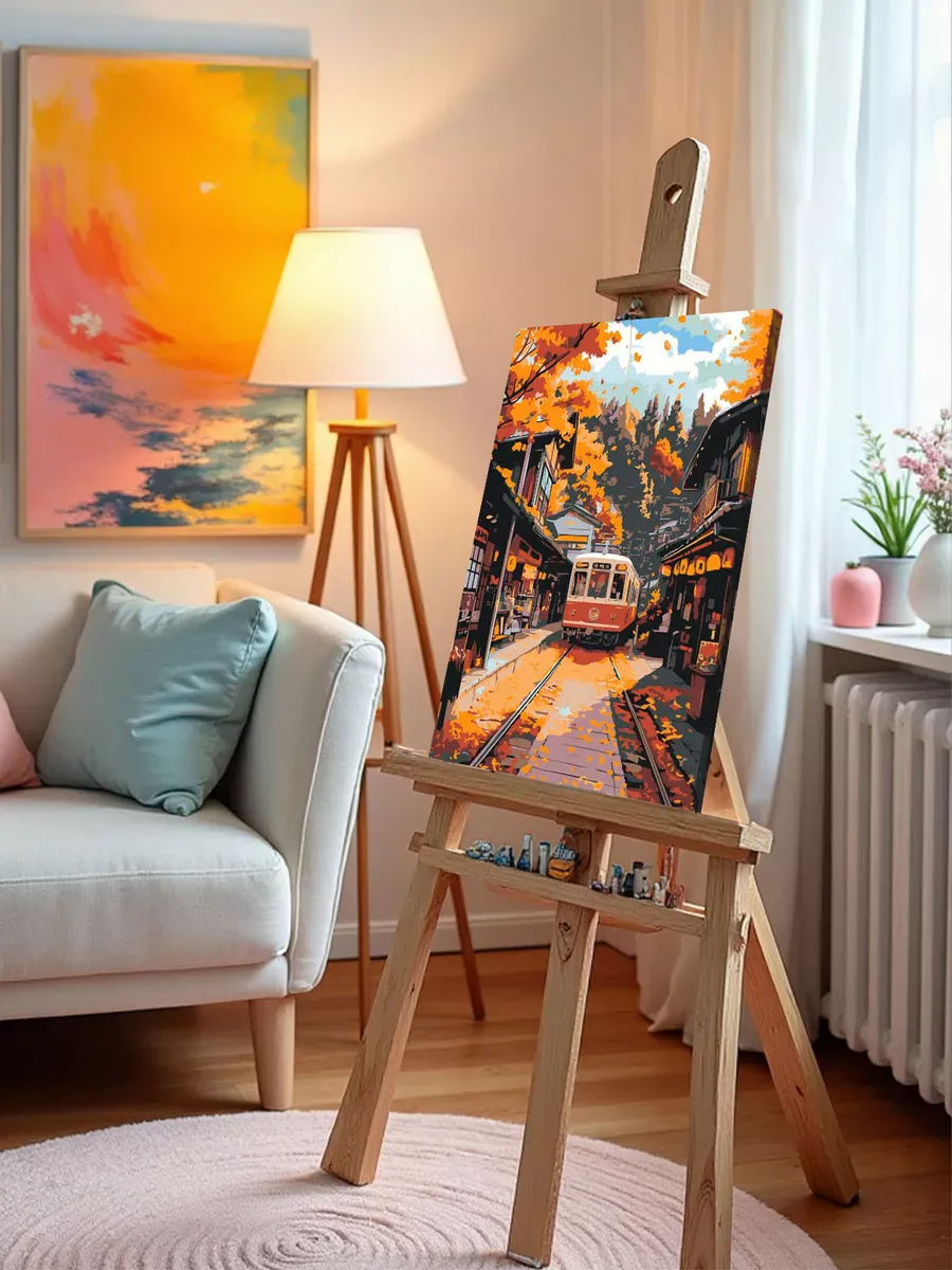 Картина по номерам «Осень: поезд в уютном городе, Япония» — картинка 9