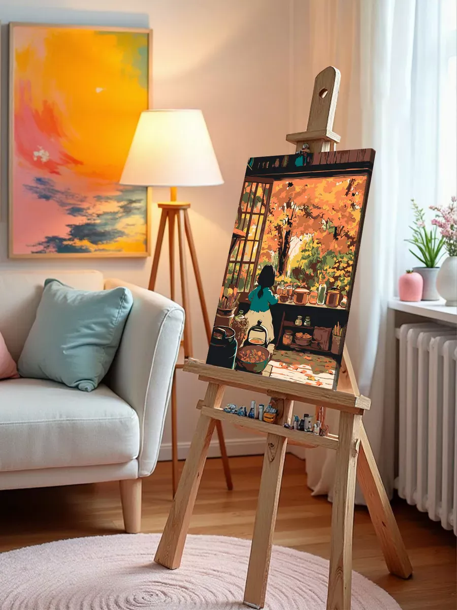 Картина по номерам «Осень: девочка на кухне, осенний пейзаж» — картинка 10
