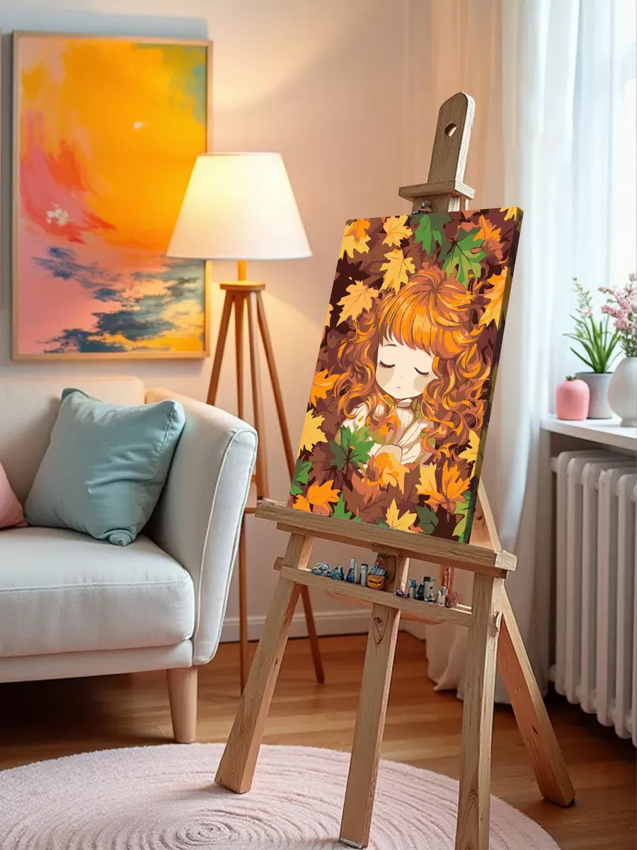 Картина по номерам «Осень: девочка в осенних листьях арт» — картинка 10