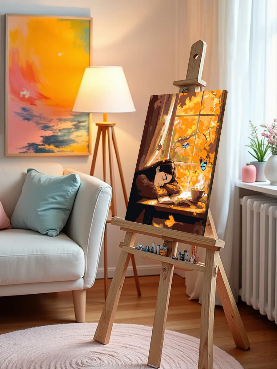 Картина по номерам «Осень: девушка, бабочки и осенний пейзаж» — картинка 10