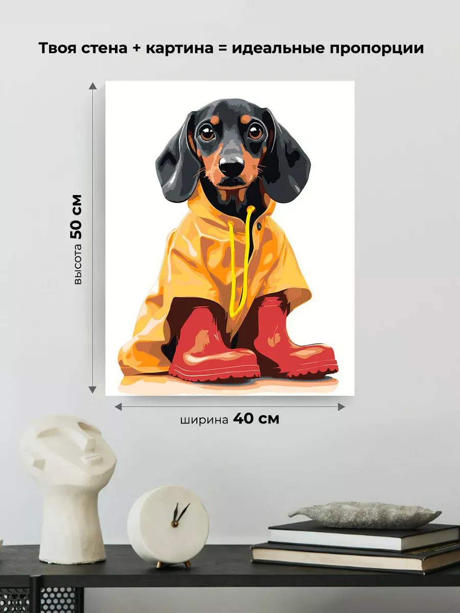 Картина по номерам «Собаки: щенок таксы в дождевике и сапогах» — картинка 3