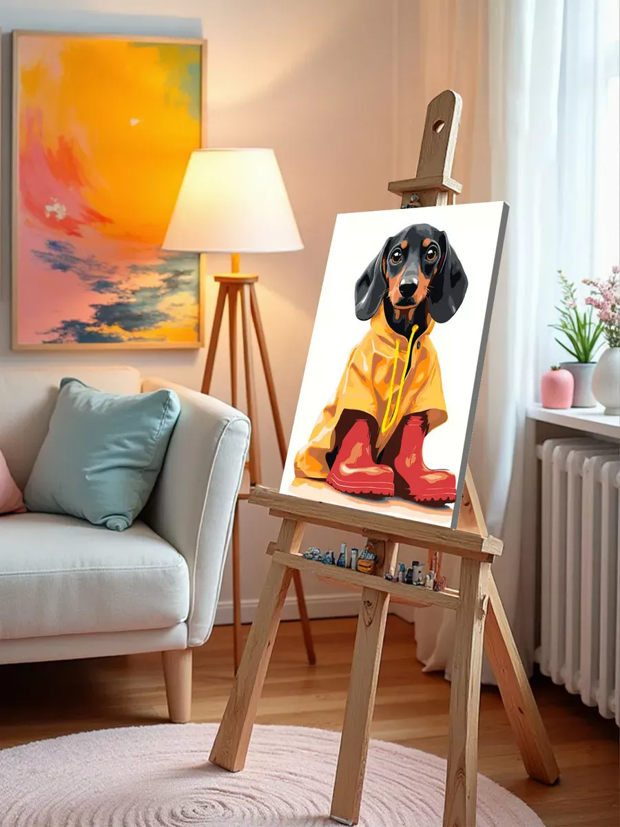 Картина по номерам «Собаки: щенок таксы в дождевике и сапогах» — картинка 9