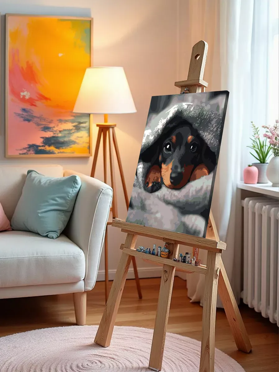 Картина по номерам «Собаки: щенок таксы под теплым пледом» — картинка 9