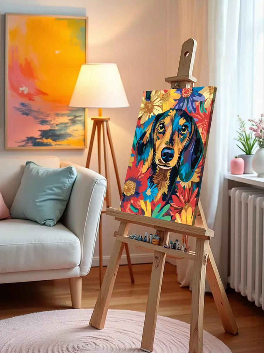 Картина по номерам «Собаки: разноцветная такса в цветах» — картинка 9