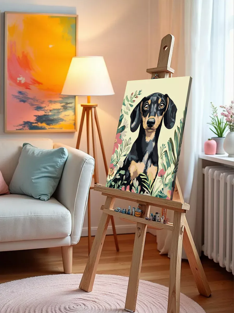 Картина по номерам «Собаки: такса в цветах арт 40х50» — картинка 9